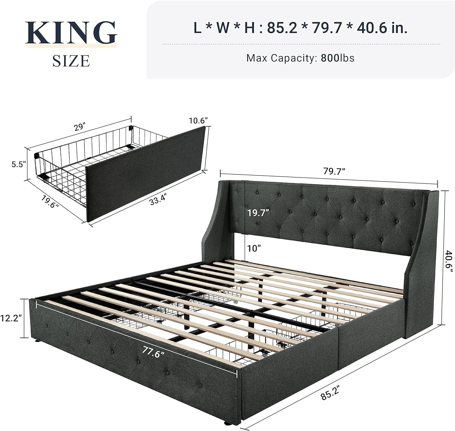Durable Linen King Bed Frame with 4 Under-Bed Storage Drawers - Fade Resistant