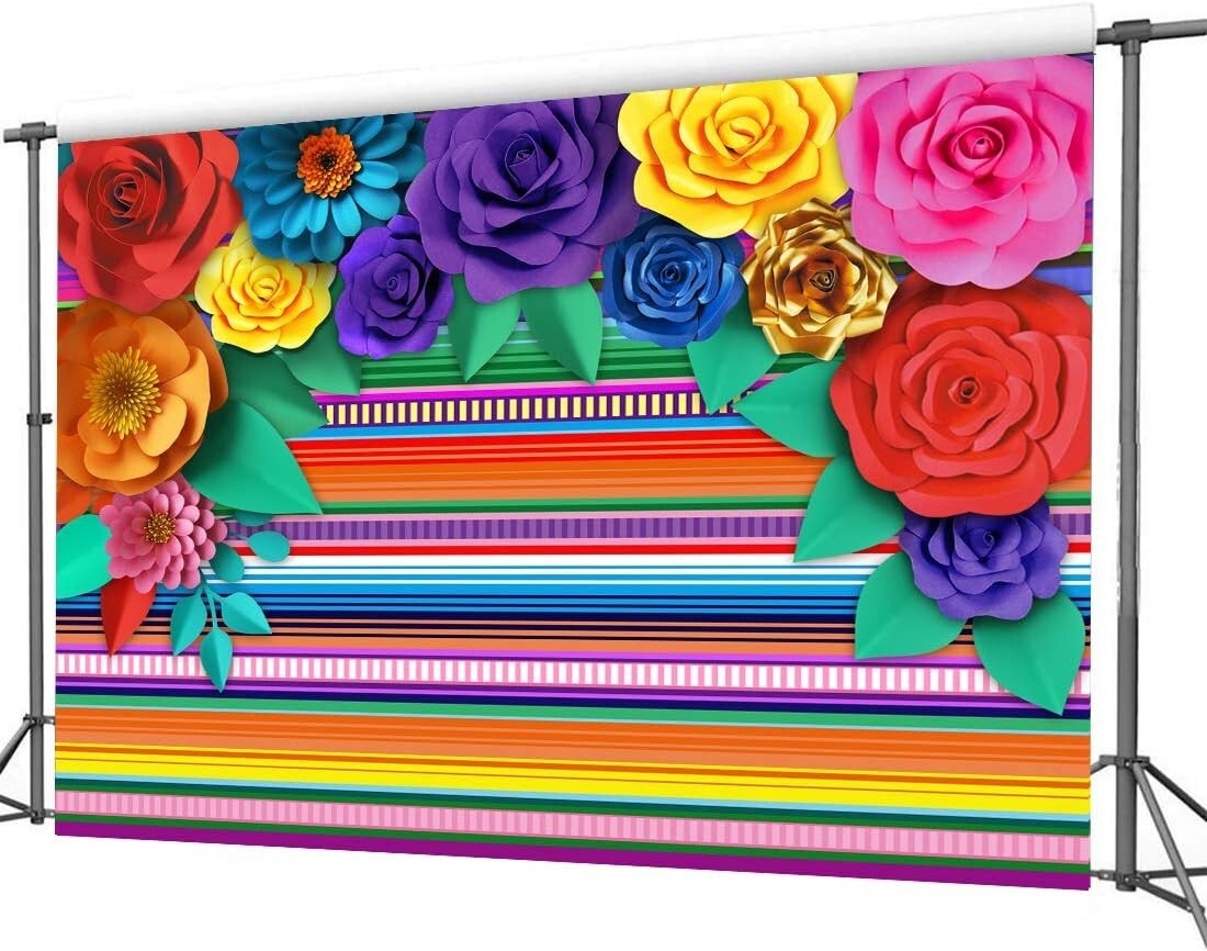 Fiesta Themed Party Backdrop - 10'x8' Mexican Striped Decor with Paper Flowers