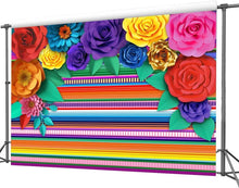 Load image into Gallery viewer, Fiesta Themed Party Backdrop - 10'x8' Mexican Striped Decor with Paper Flowers