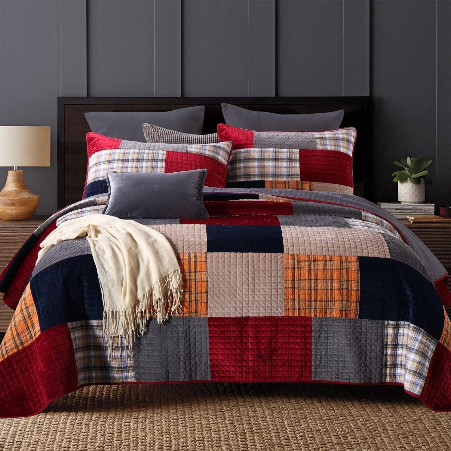 Luxurious King Size Velvet & Cotton Comforter Set - Art Deco Patchwork Design