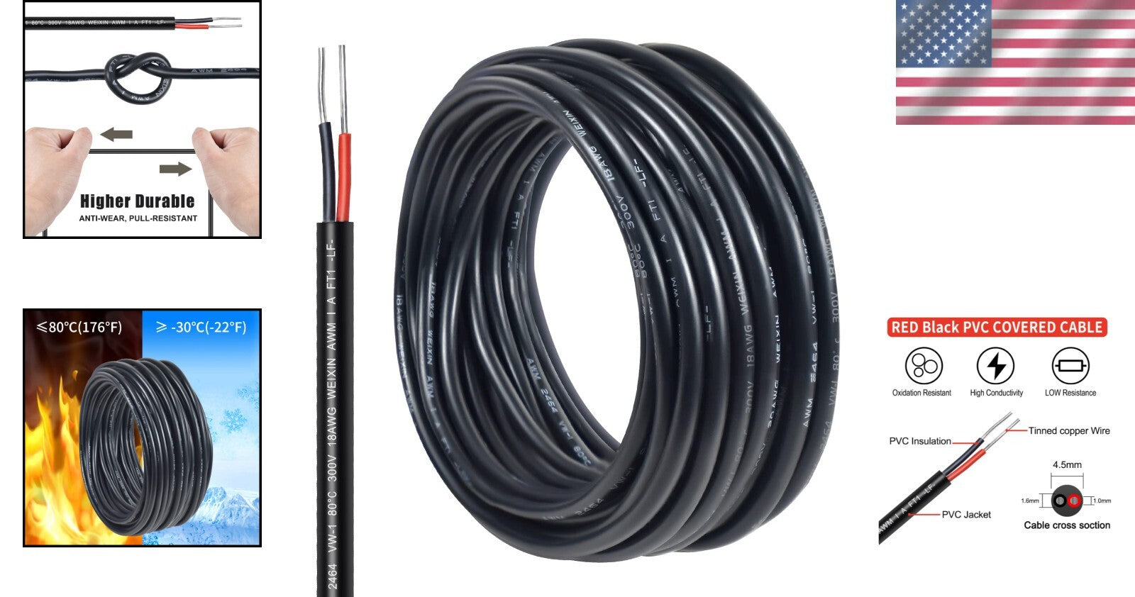 Durable Tinned Copper Wire 18 Gauge - 100FT PVC Insulated for LED & Marine Use