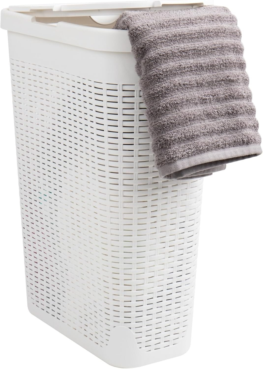 Chic Space-Saving 40L Wicker Laundry Basket with Ventilated Lid - White Plastic