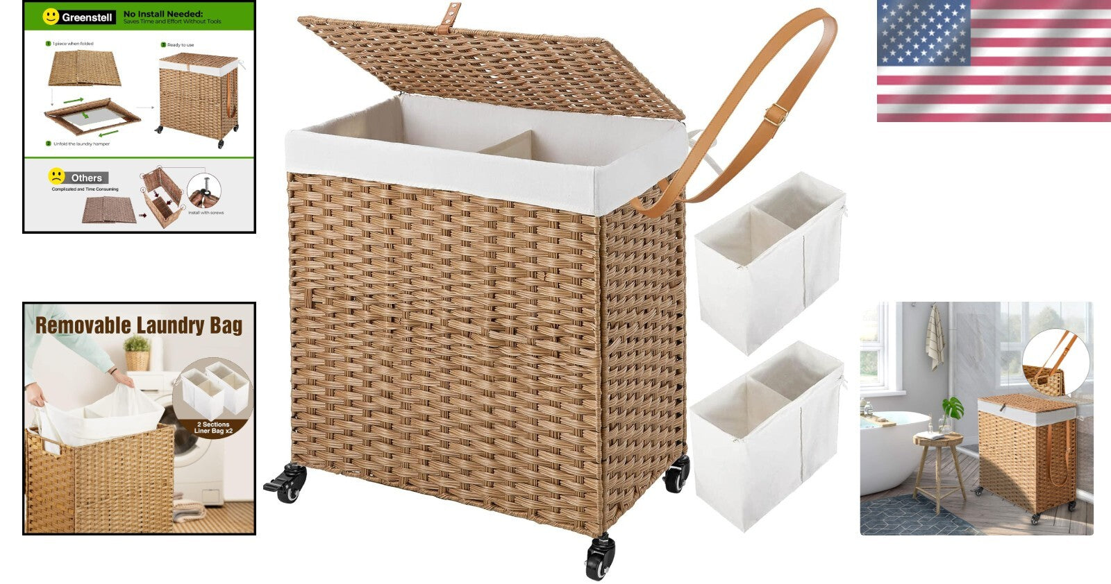 Elegant 110L Divided Laundry Basket with Wheels - Waterproof and Easy-Clean