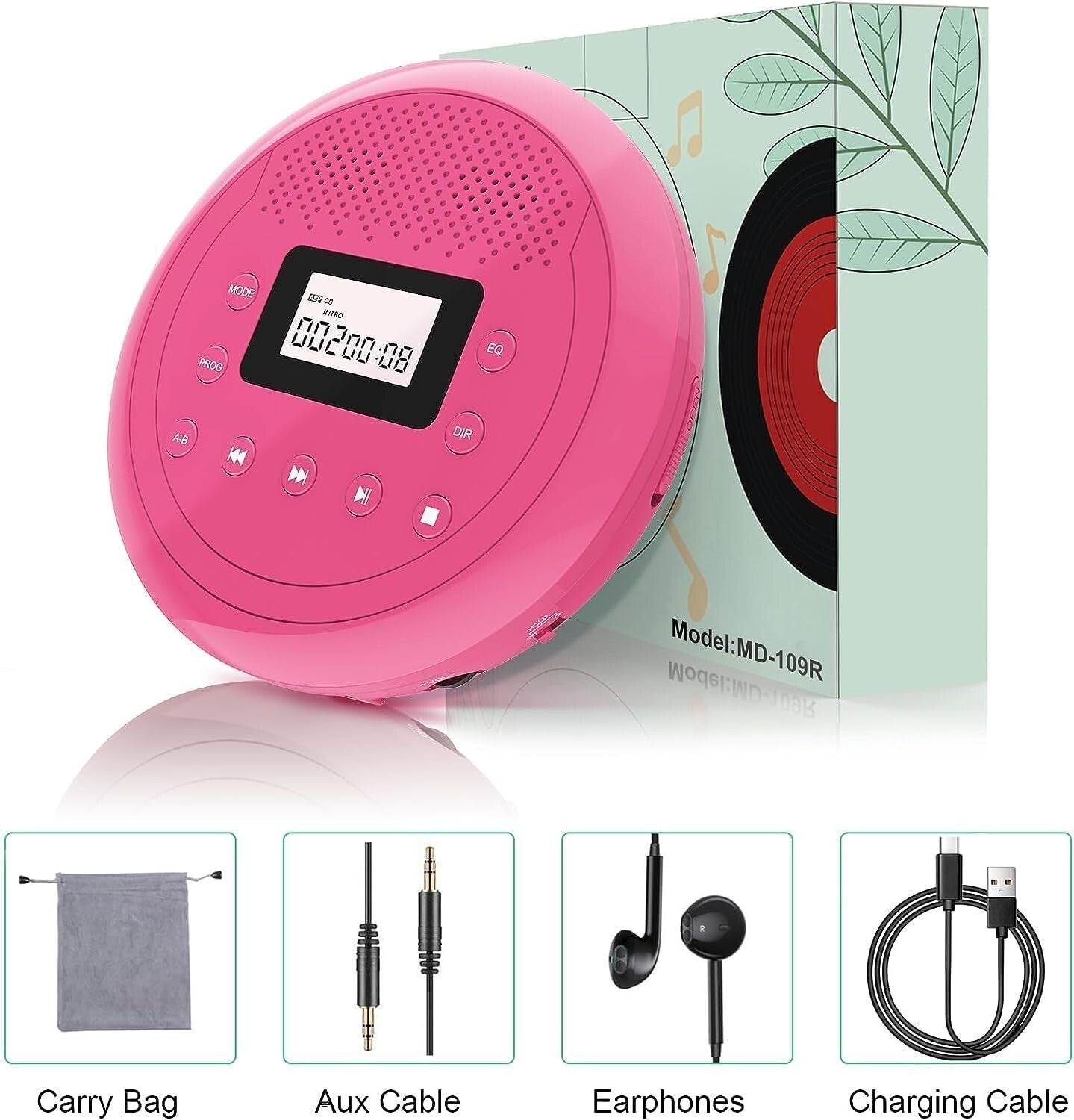 Travel-Friendly Rose Red CD Player with Headphones - Anti-Skip & TF Card Support