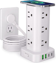 Load image into Gallery viewer, 17-in-1 Power Strip Tower with Wireless Charger &amp; 10FT Extension Cord, White