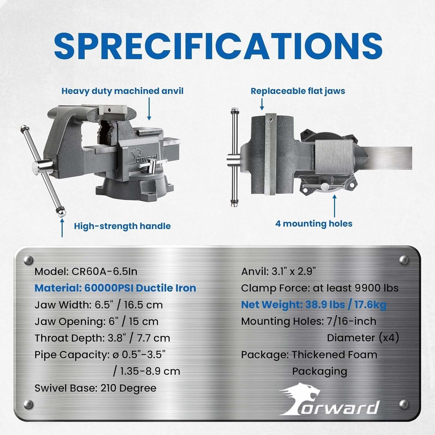Sturdy 6.5 Inch Ductile Iron Bench Vise - 210° Swivel Base for Precision Work