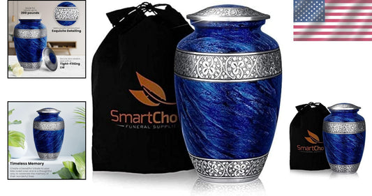 Large Blue Personalized Cremation Urn for Adult Ashes - Handcrafted Metal Design