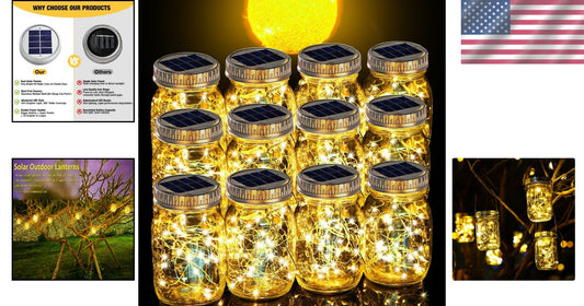 12 Pack Solar Mason Jar Lights - 30 LED Crystal Glass Lanterns with Large Panels