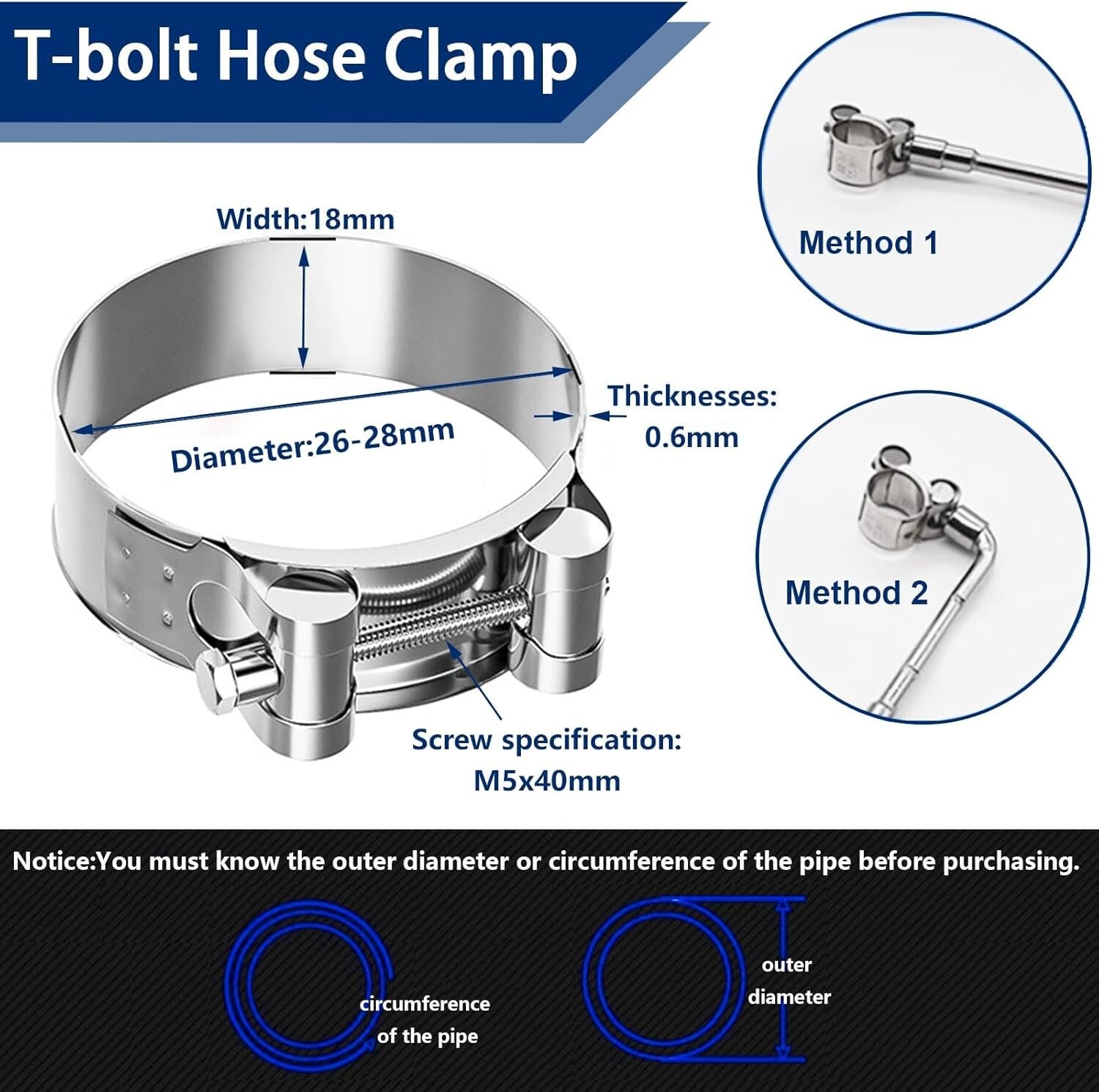 Adjustable 304 Stainless Steel T-Bolt Hose Clamps - 6 Sizes, M8 & M10 Wrenches