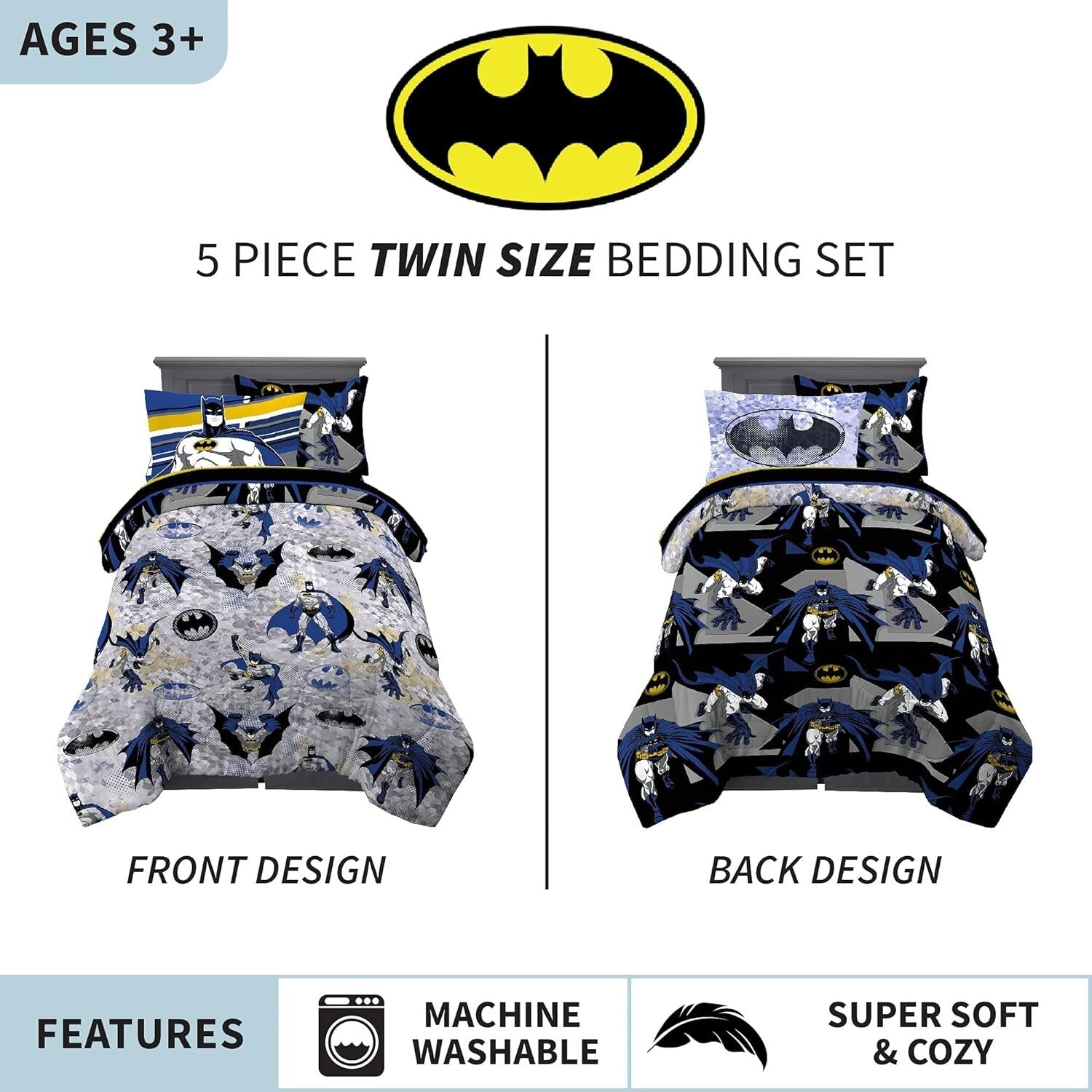 5 Piece Batman Microfiber Twin Bedding Set - Cozy Sheets and Comforter for Kids