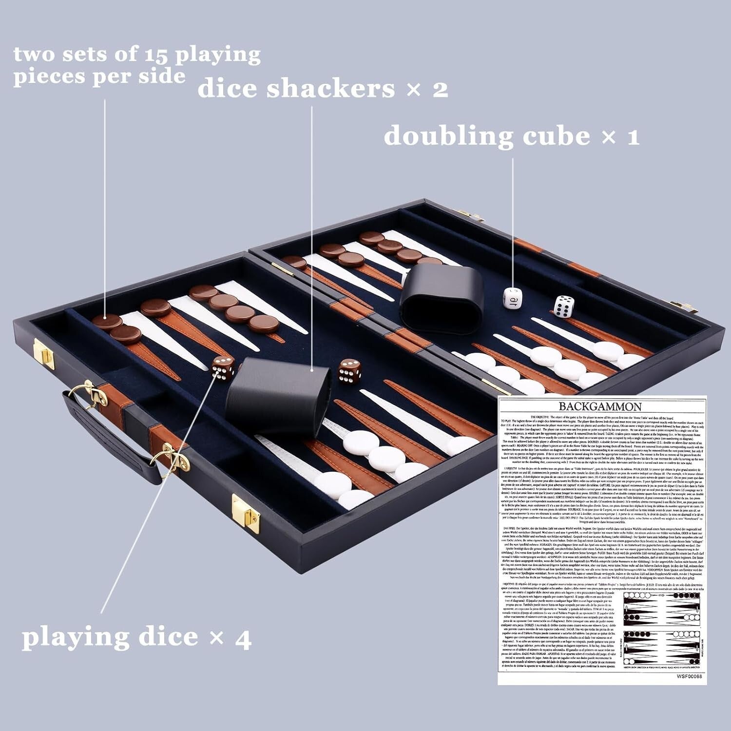 Premium Leather Backgammon Set - Classic 15-Inch Portable Game in Navy