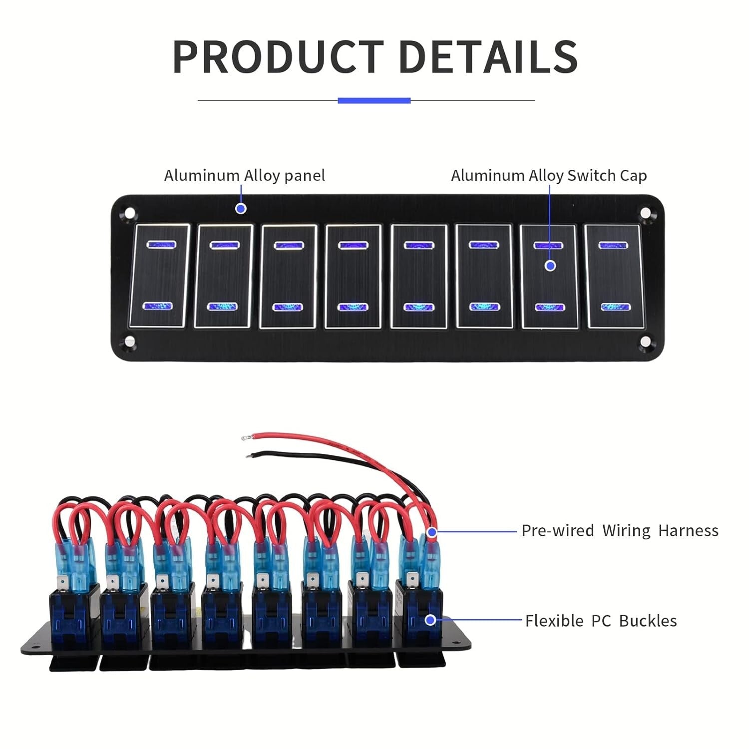 Waterproof 8 Gang Rocker Switch Panel with LED for Marine & Automotive Use