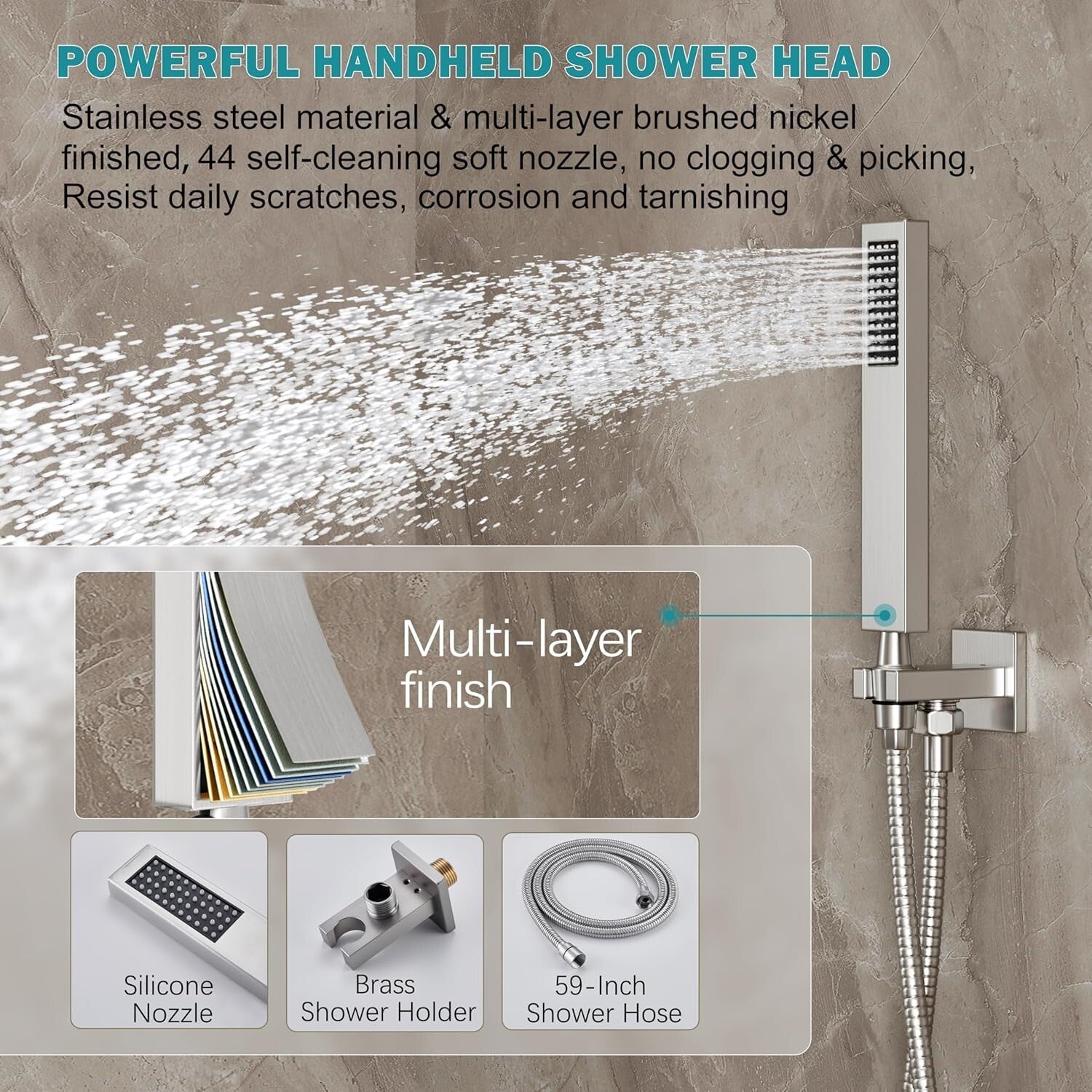 Luxury Brushed Nickel Shower System: 12-Inch Rain Shower Head & Handheld Spray
