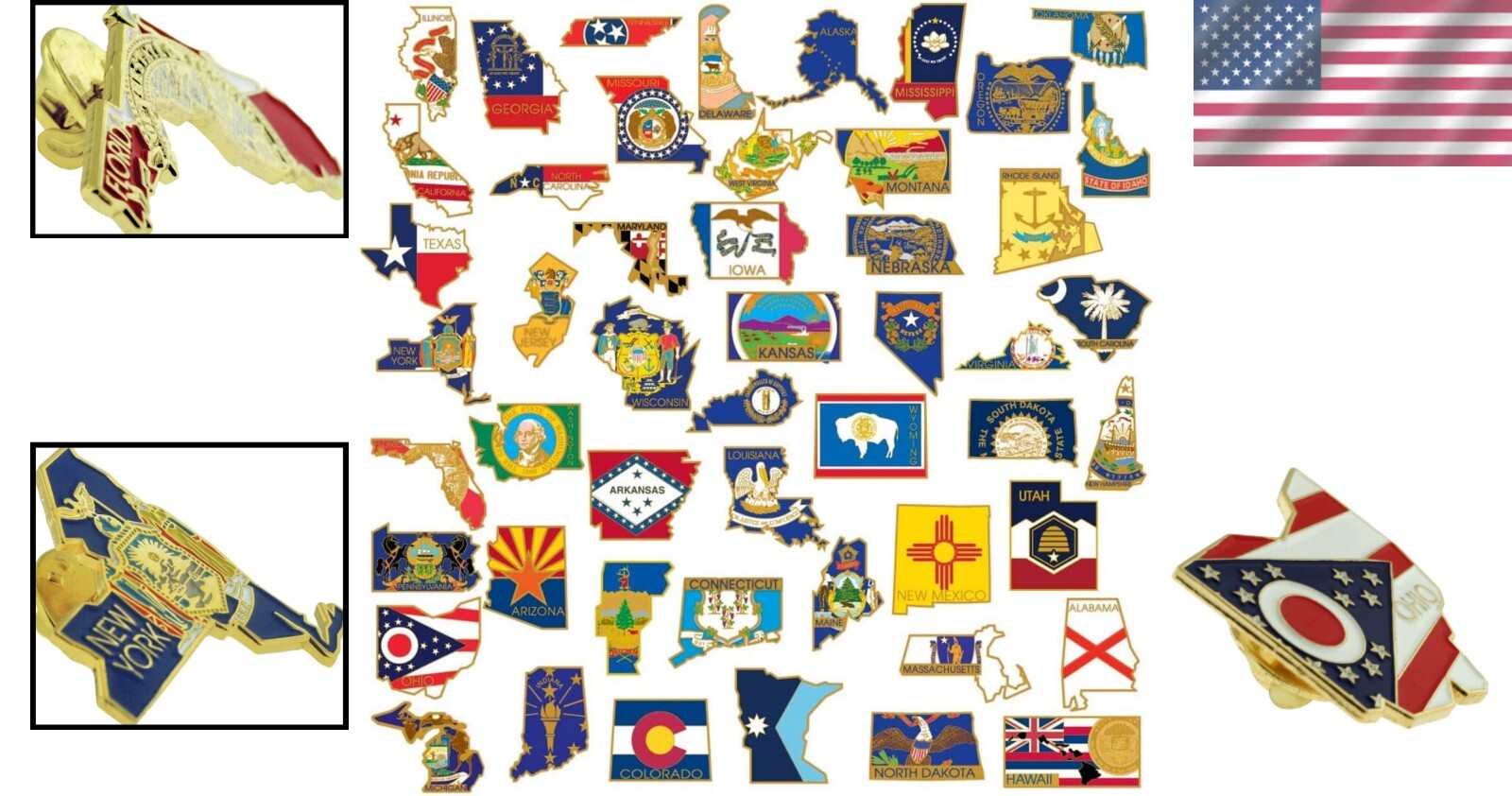 Gold Plated 50 US State Lapel Pins Set - Enamel Finish & Secure Clutch Back