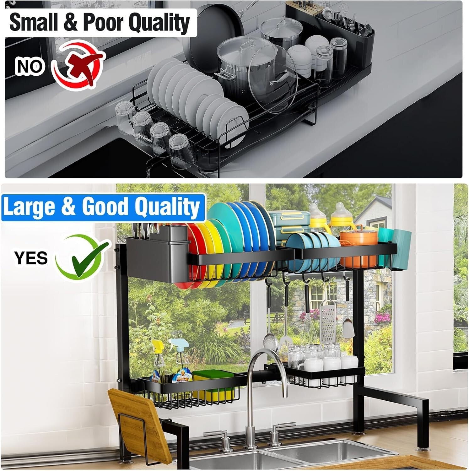 Adjustable 2-Tier Metal Dish Drying Rack with 4 Baskets - Space-Saving Solution