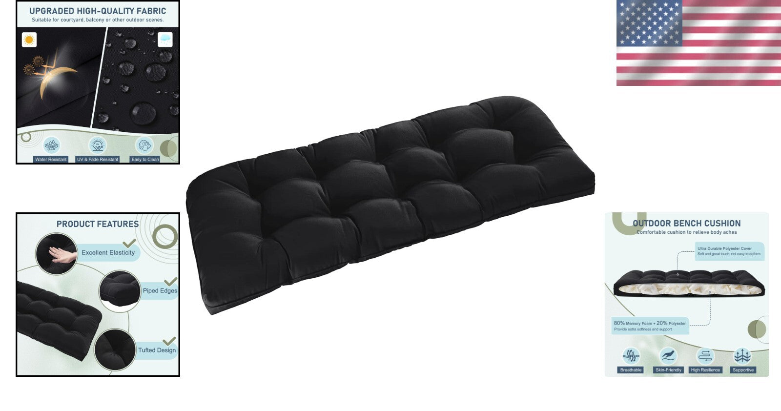 Durable 48x18x5 Black Patio Cushion - Waterproof and Stain-Resistant Design