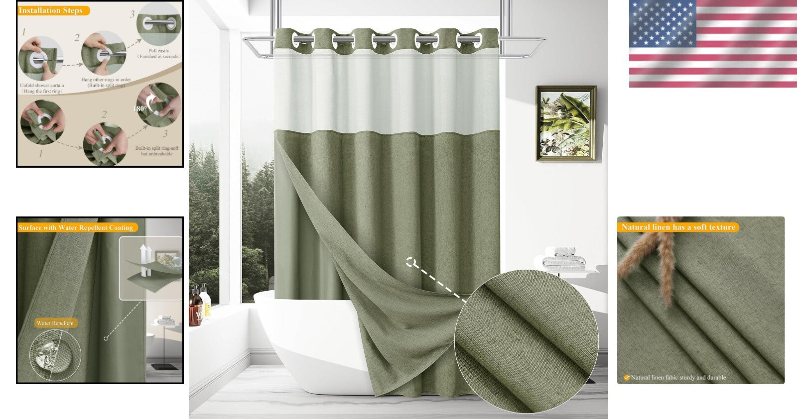 Chic Sage Green Shower Curtain 72x75 - No Hooks, Water-Repellent with Snap Liner