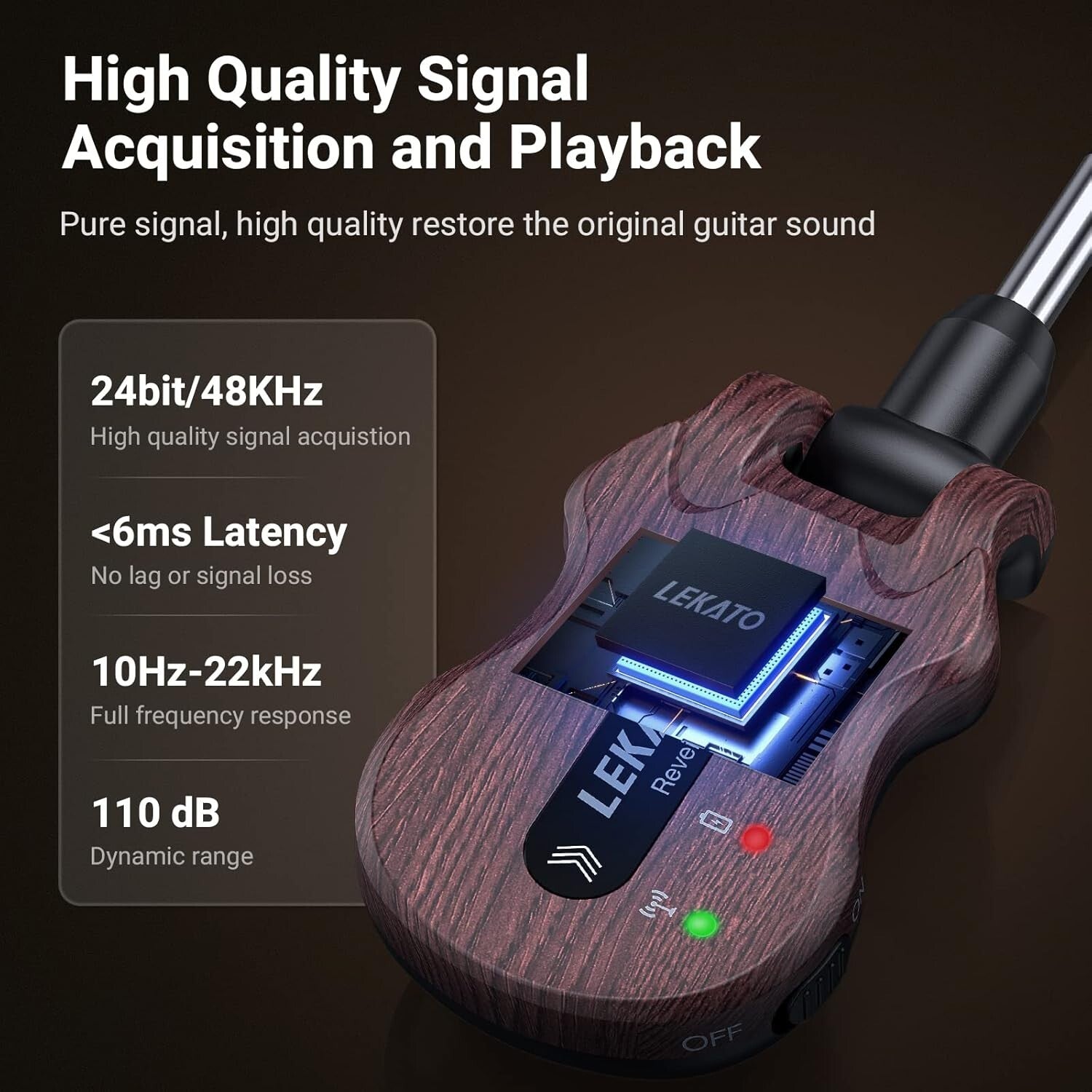 Rechargeable Wireless Guitar Transmitter & Receiver - 4 Channels, 100ft Range