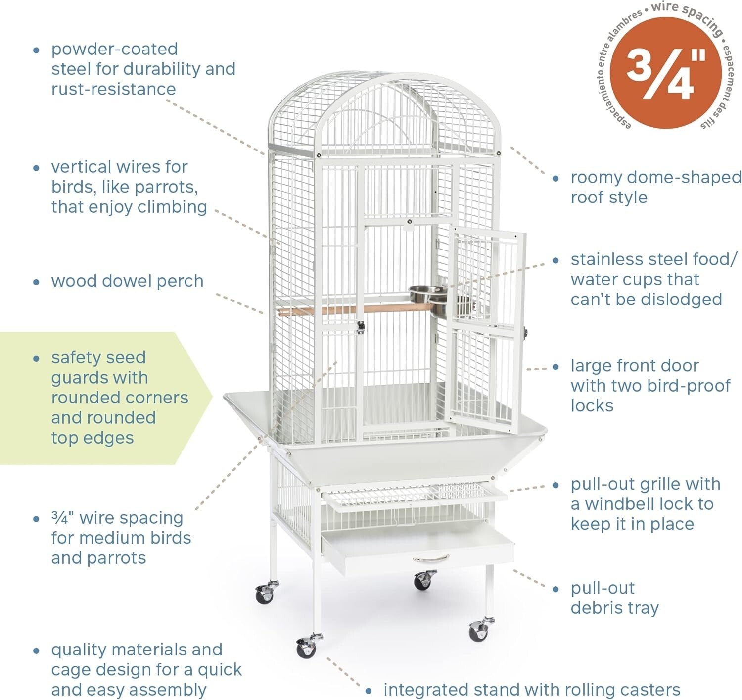 Chalk White Wrought Iron Bird Cage with Rounded Seed Guards and Rolling Stand