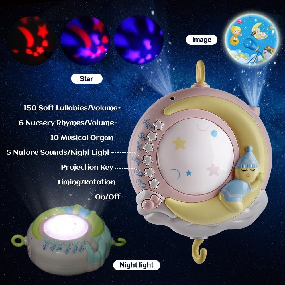 Delightful Crib Mobile with Light Up Projector & Rotating Rattles for Newborns