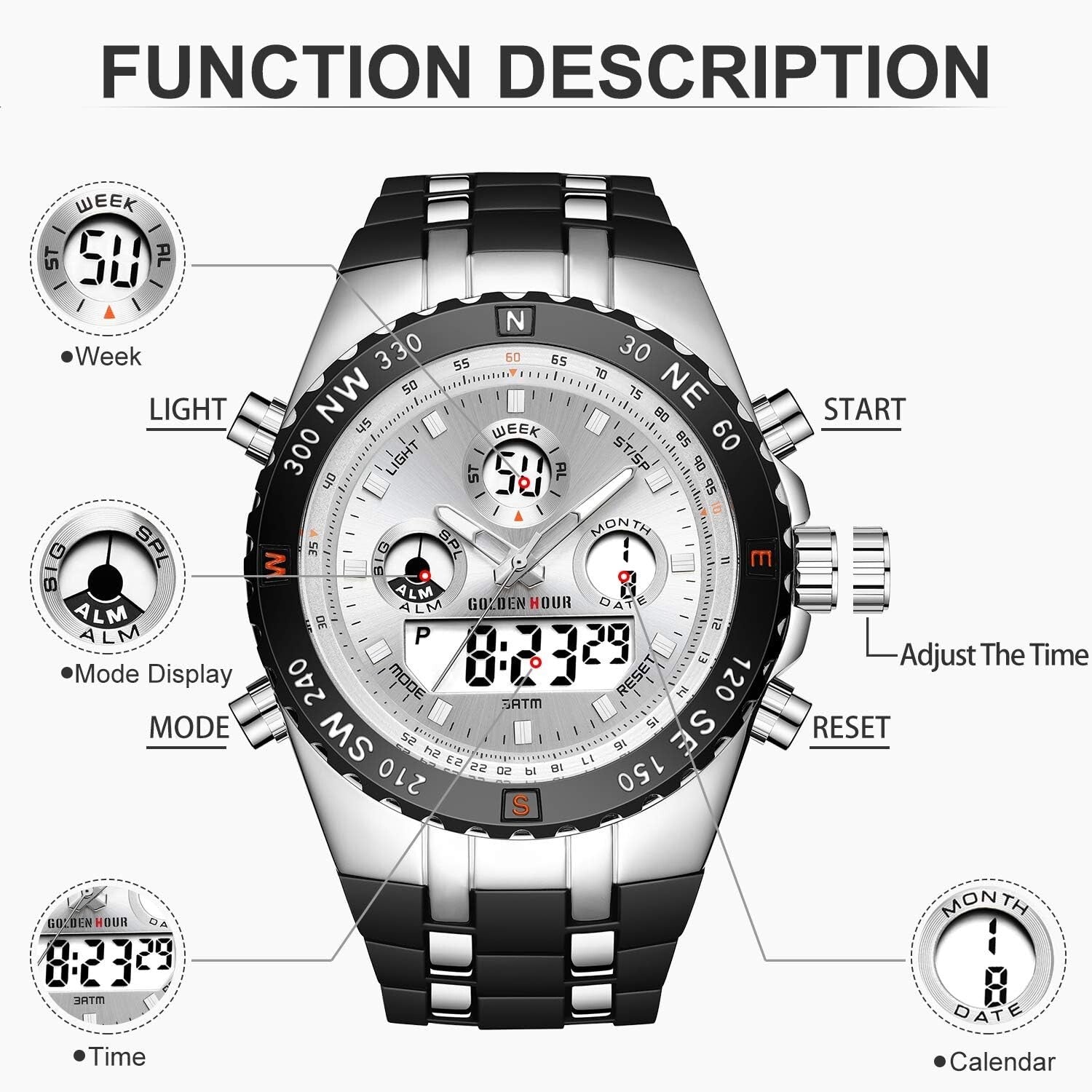 Men's Big Face Luxury Sports Watch - 3ATM Waterproof with Stopwatch & Alarm