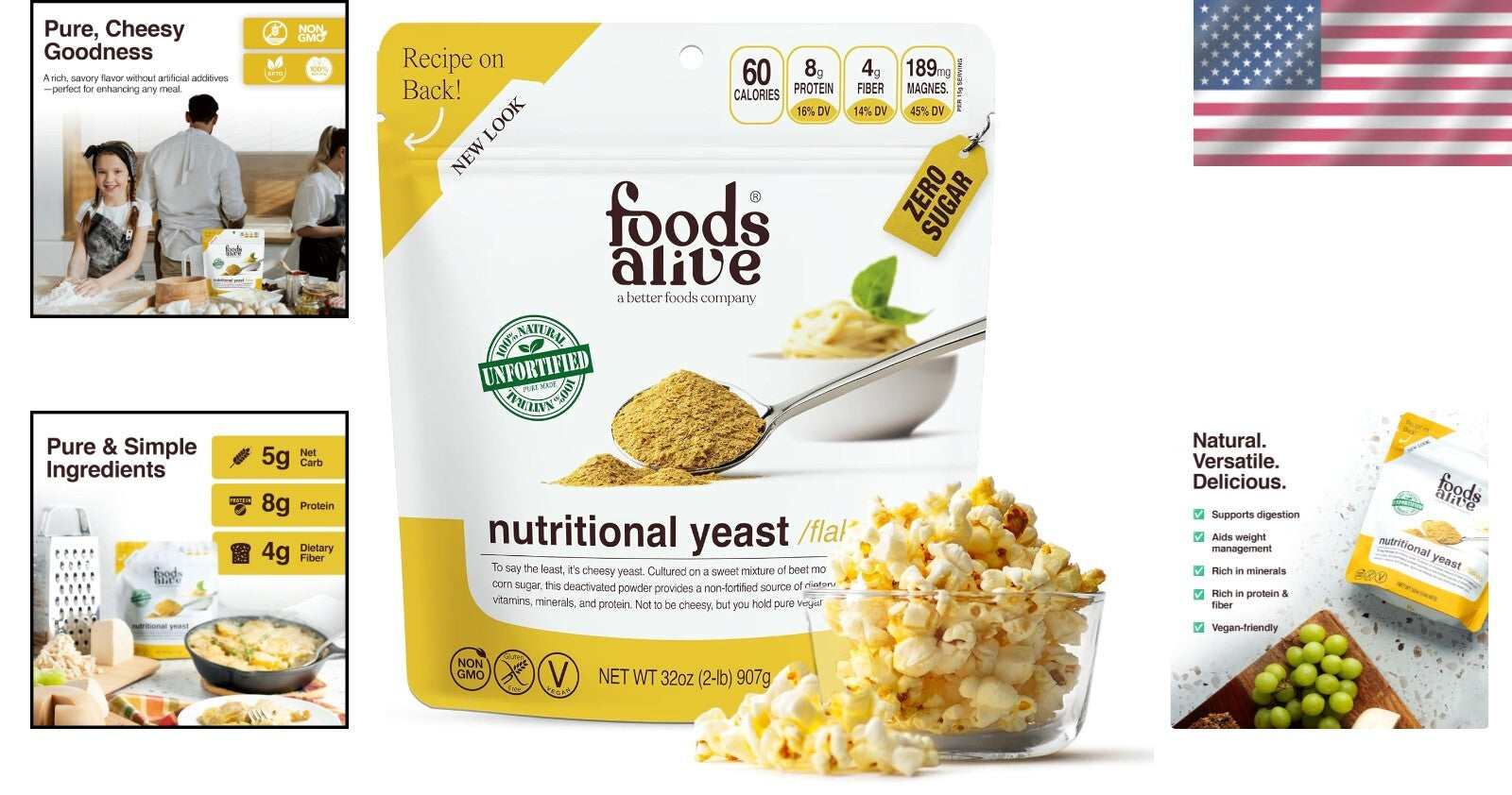 Non-Fortified Vegan Cheese Powder – 2 lbs Nutritional Yeast Flakes, Gluten-Free