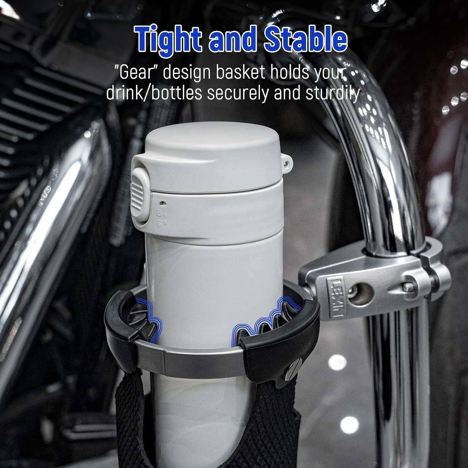 Durable 360° Swivel Motorcycle Cup Holder with Gear Basket - Fits 7/8" to 1 1/4"