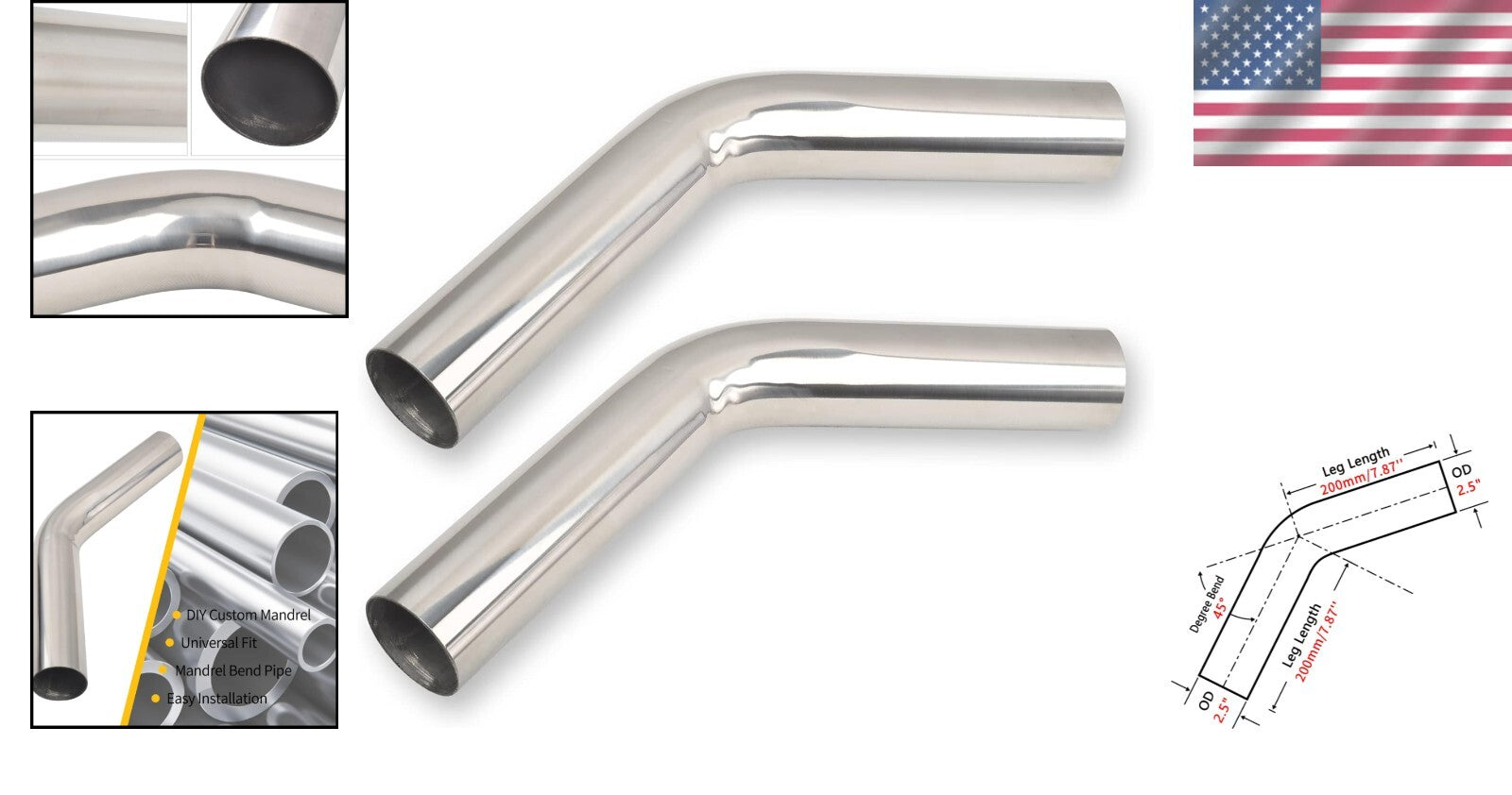 2PCS 15.75 Inch 45° Stainless Steel Mandrel Exhaust Bend Pipe - DIY Ready