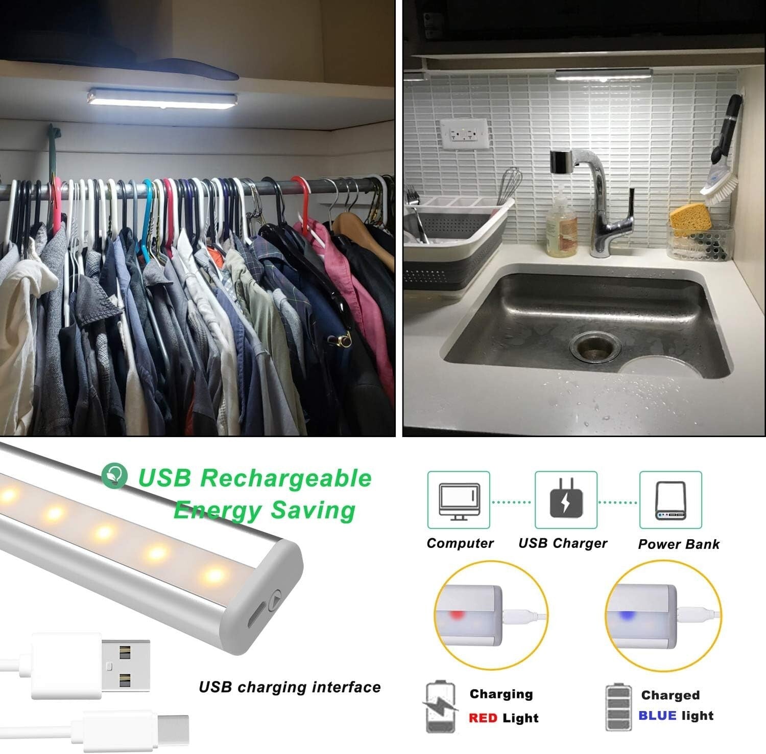 Compact 6-Pack Under Cabinet LED Lights - Remote-Controlled & USB Rechargeable