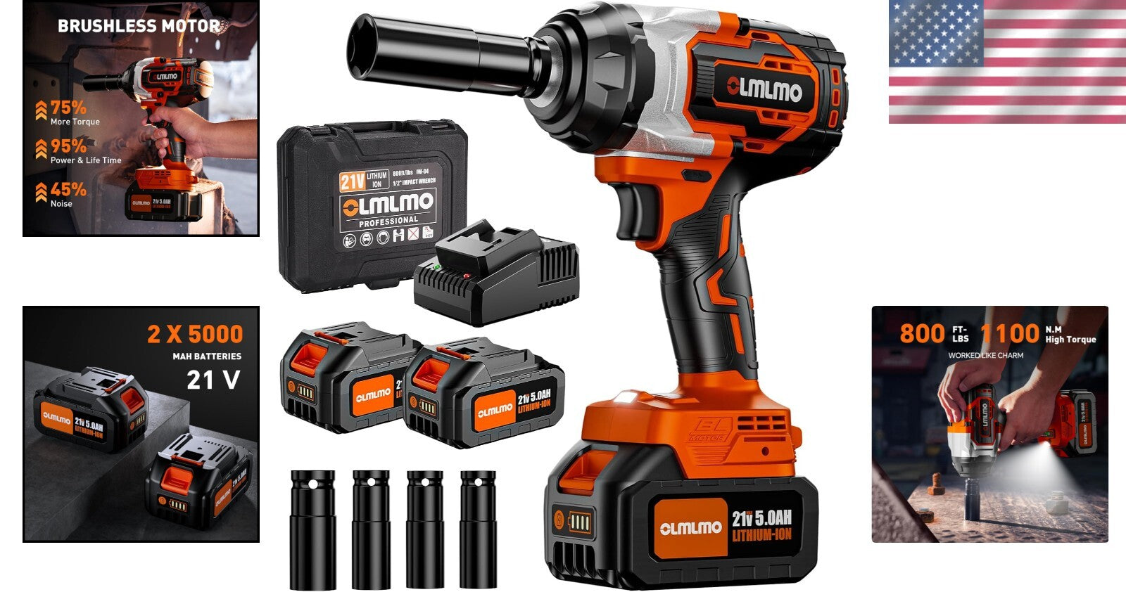 Powerful Cordless Impact Wrench 800 Ft-lbs/1100Nm - Compact Suitcase Included