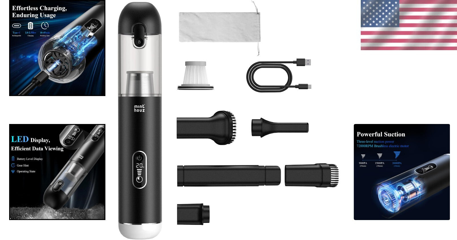 Portable Handheld Vacuum with LED Display & 5-in-1 Accessories - 20000PA Power