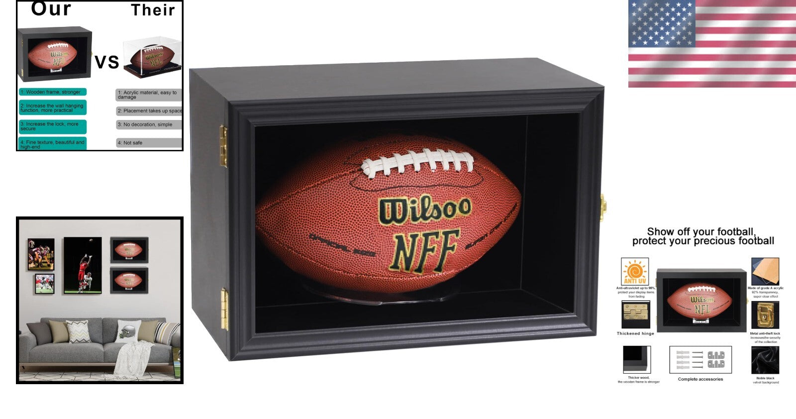 Elegant Wall-Mount Football Display Case with UV Protection - Black Wooden Box