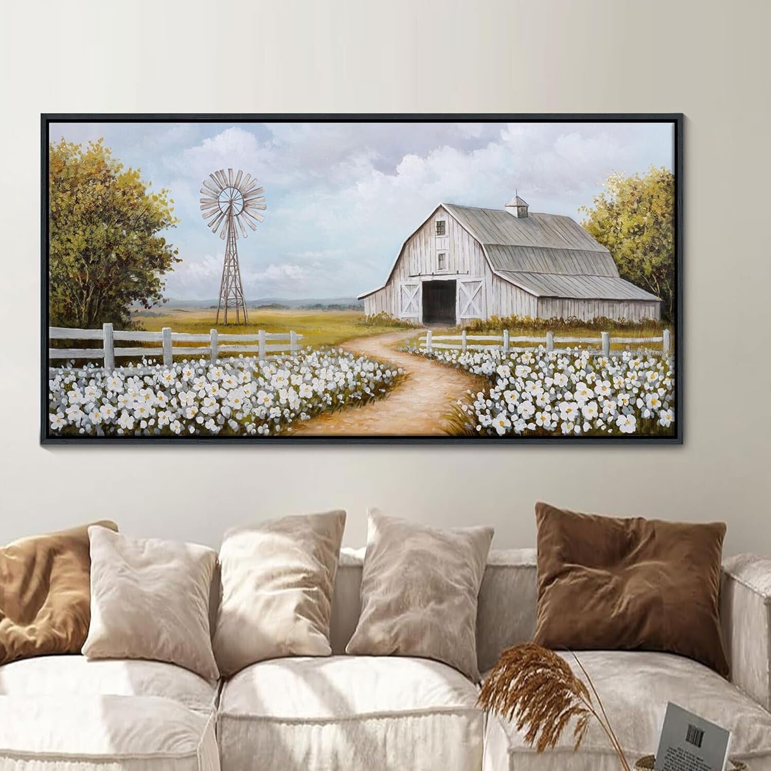 Large Retro Landscape Canvas - Wildflower Meadow with Windmill & Barn, 29x58in