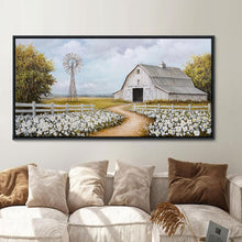 Load image into Gallery viewer, Large Retro Landscape Canvas - Wildflower Meadow with Windmill &amp; Barn, 29x58in