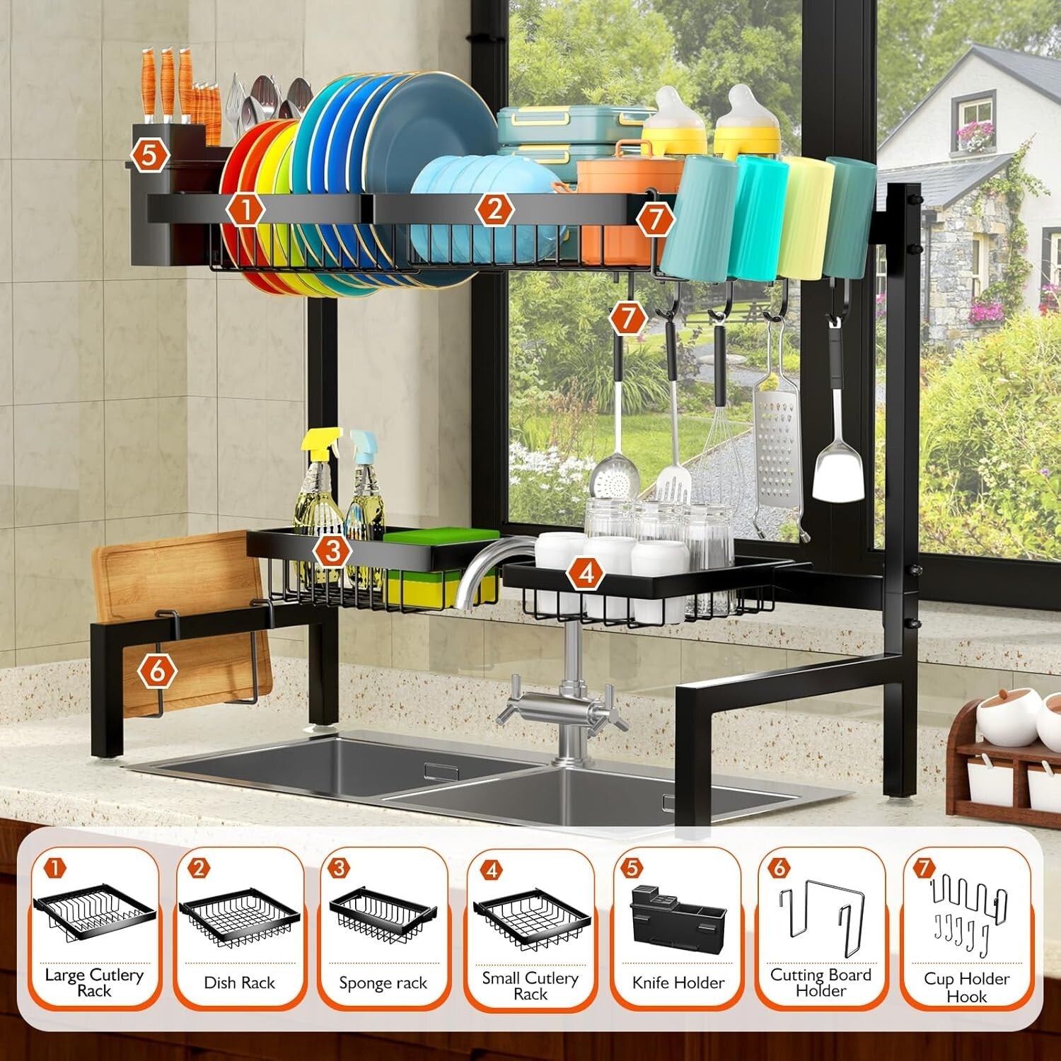 4-Basket Sink Drying Rack - Adjustable 2-Tier Organizer for Kitchen Efficiency