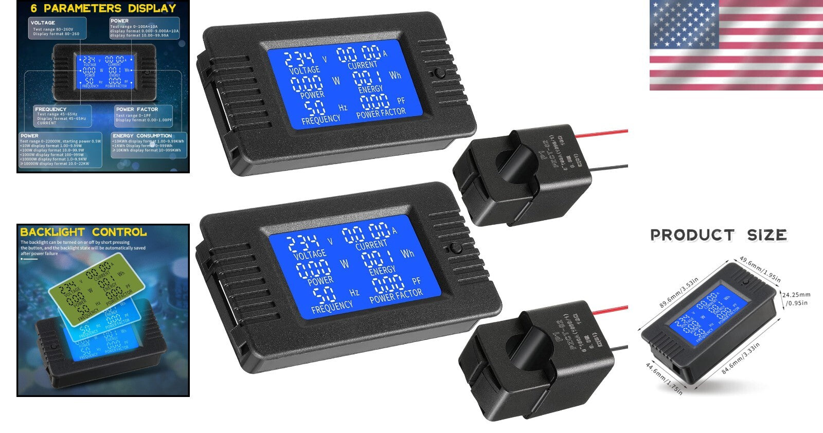 2-Pack LCD Digital AC Power Meters with 100A CT for Home & Business Use