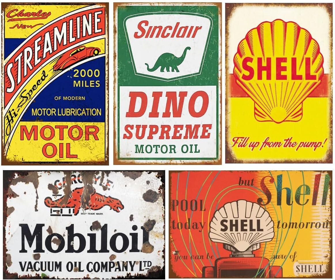 Retro Garage Wall Art Set – 35 Pieces of Antique Metal Signs for Unique Decor