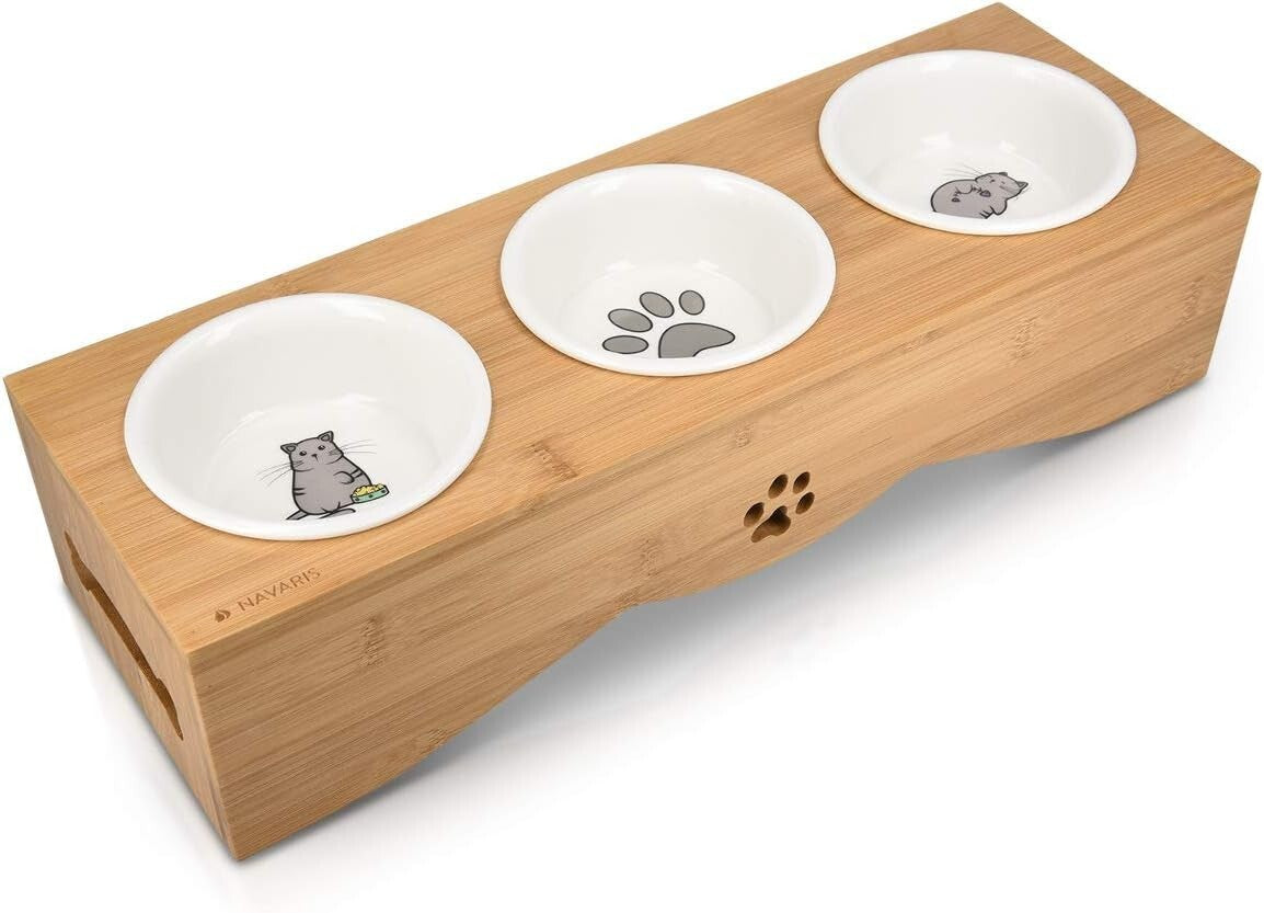 Eco-Friendly Elevated Pet Bowl Set - 3 Ceramic Dishes in Bamboo Stand for Cats