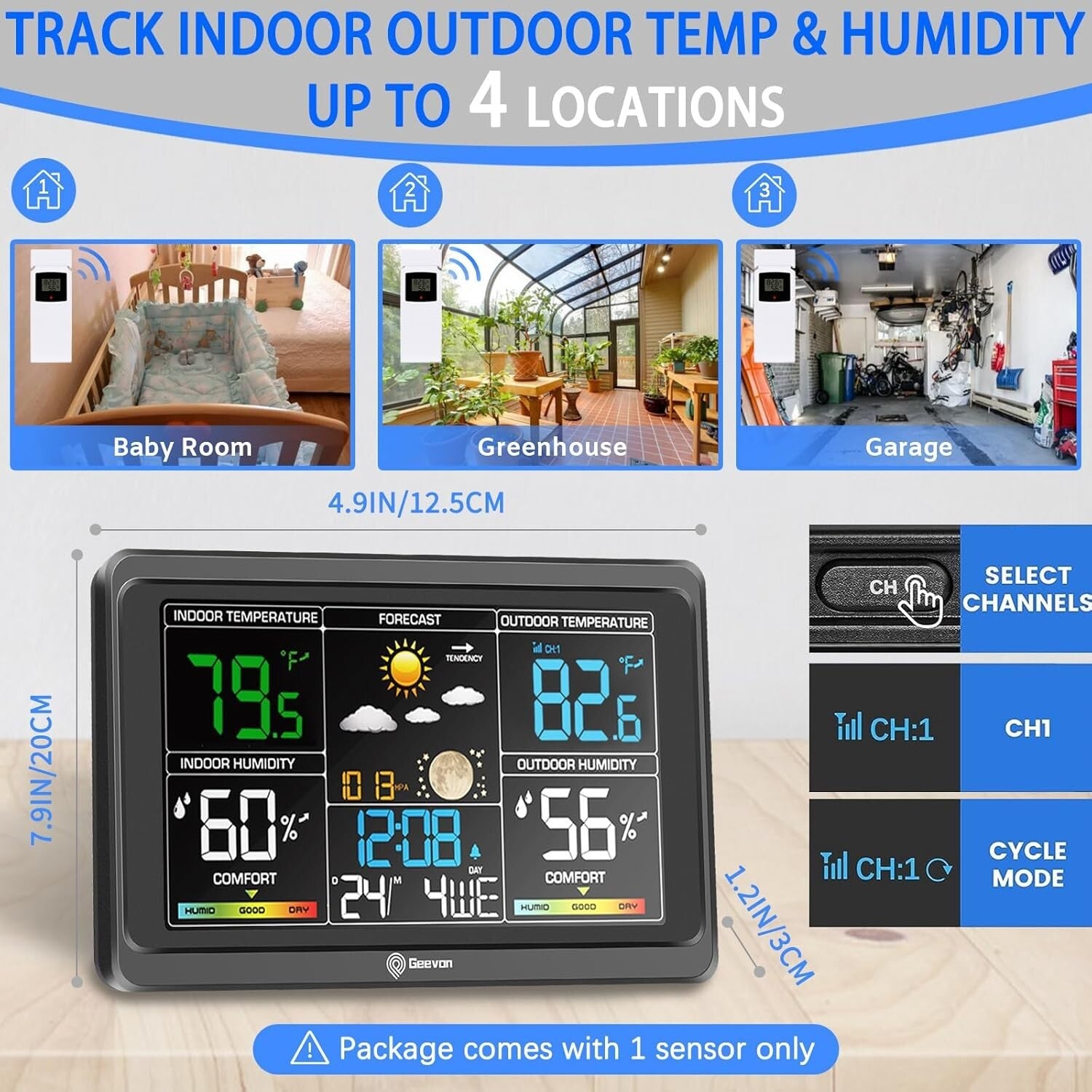 Multi-Channel Wireless Thermometer with Clock and Adjustable Brightness for Home