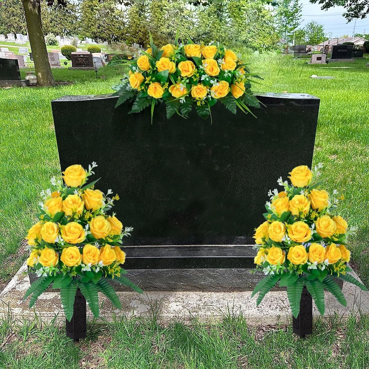 Vibrant Yellow Rose Cemetery Flower Saddle - Weather Resistant Outdoor Decor