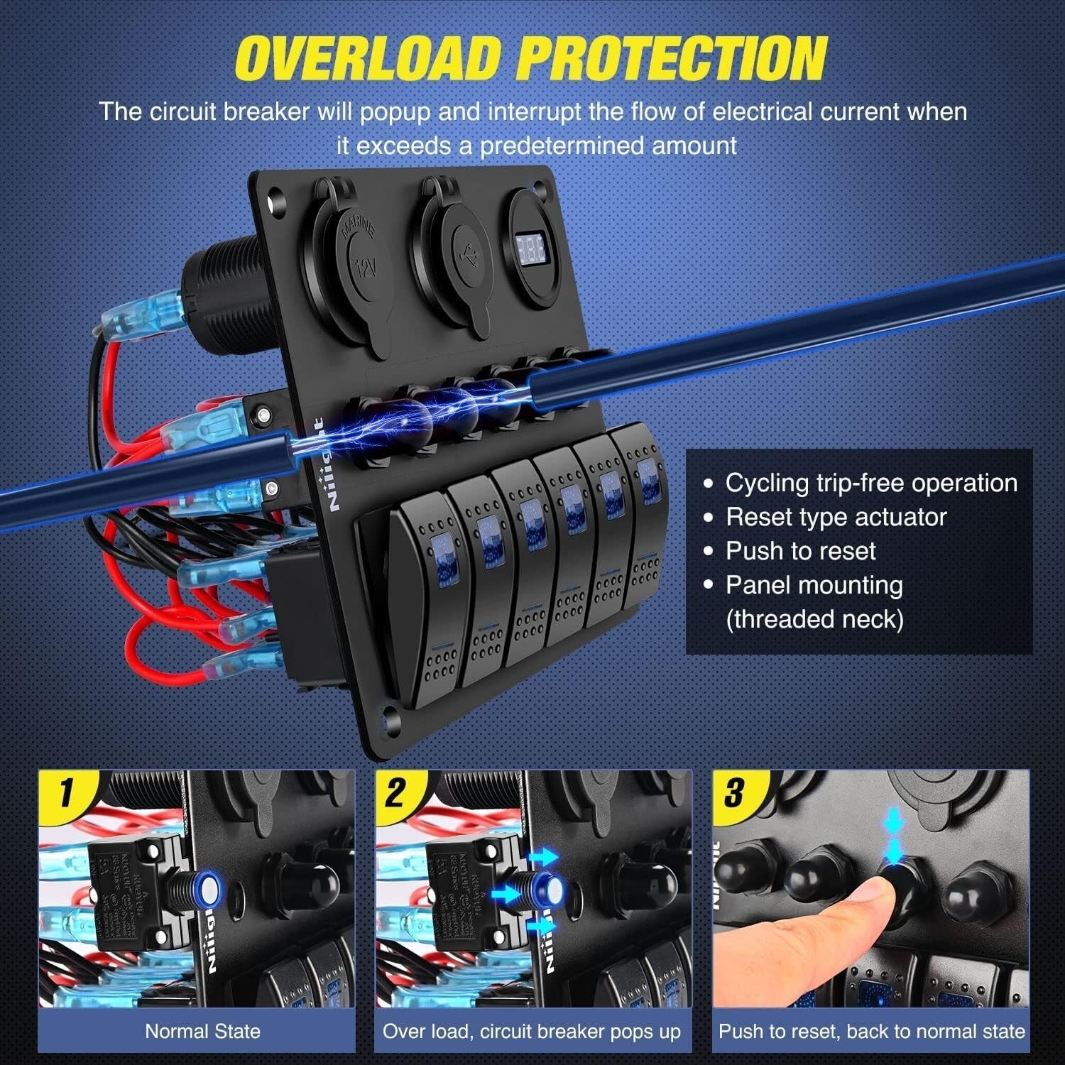 Pre-Wired 6 Gang Switch Panel Featuring LED Voltmeter & Cigarette Lighter Socket