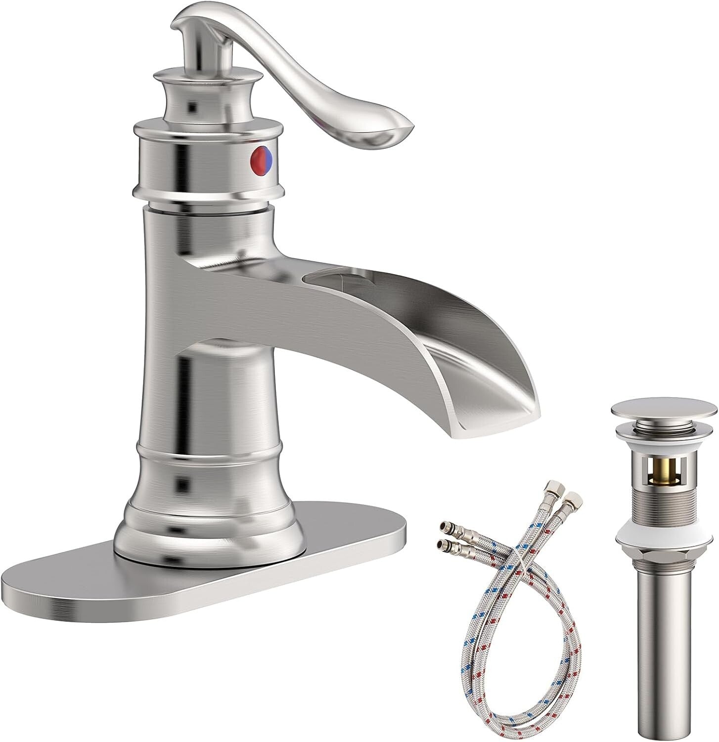 Durable Waterfall Spout Bathroom Faucet - Single Handle Brushed Nickel Finish