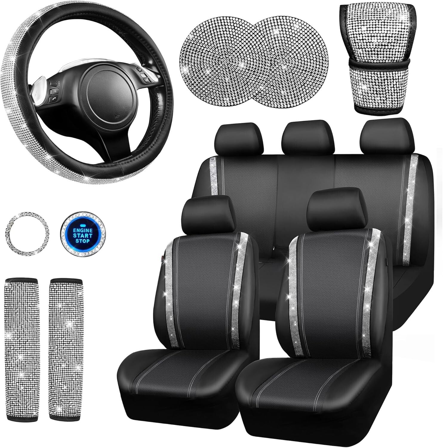 Gorgeous Leather Diamond Seat Covers & Sparkly Steering Wheel Set for Women