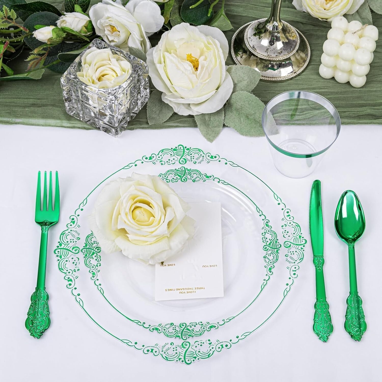 Elegant 175PCS Clear Plate Set with Green Rim - Perfect for St. Patrick's Day