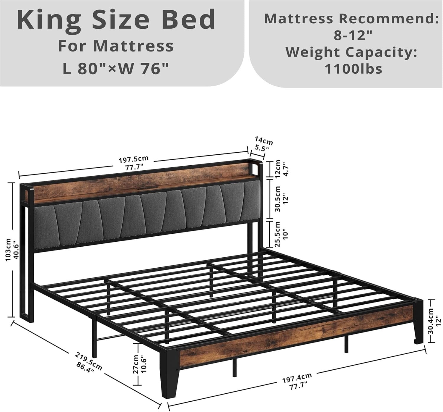 King Size Bed Frame with Storage Headboard & Charging Station - Easy Assembly