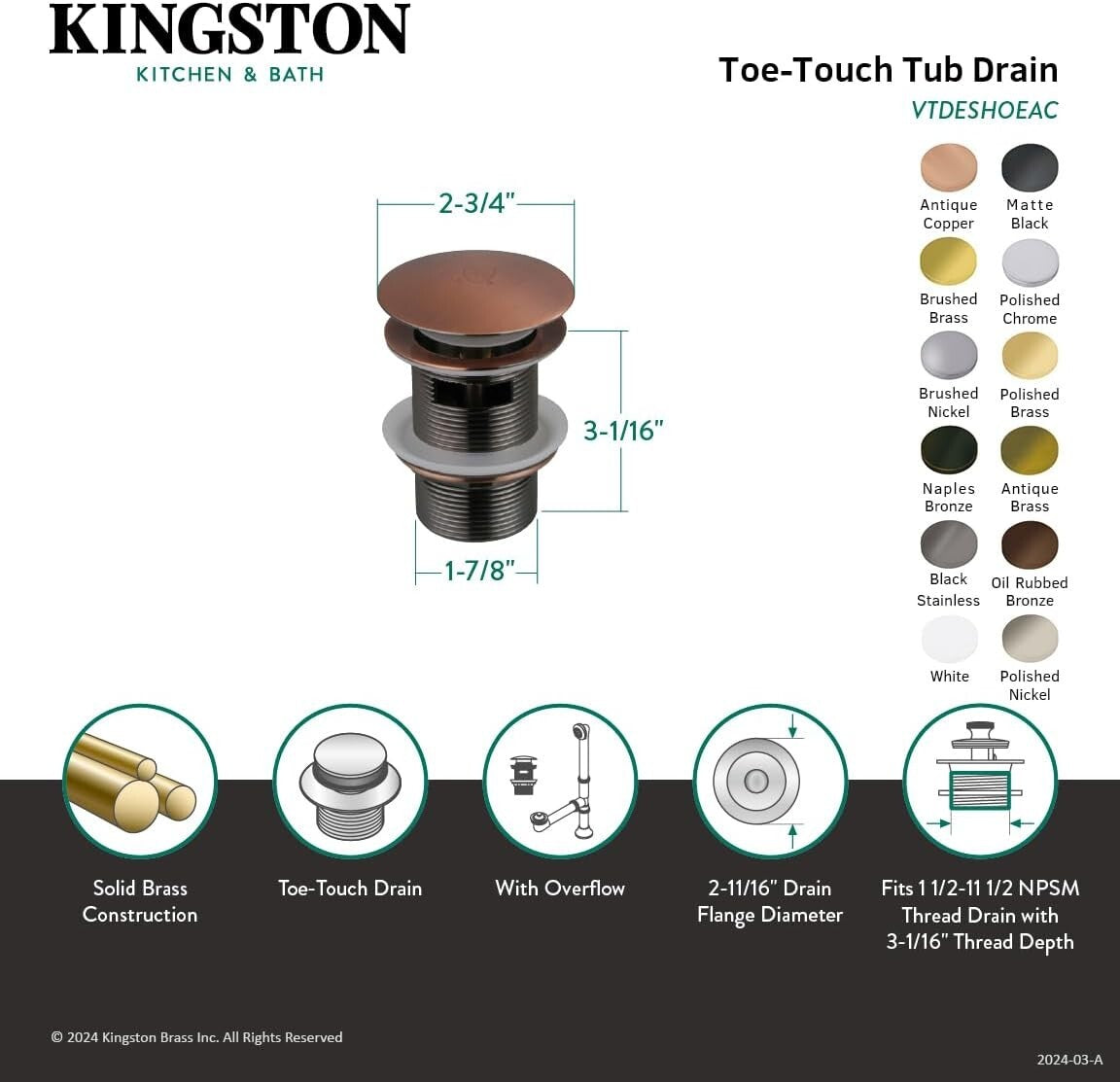 Corrosion-Resistant Toe-Touch Tub Drain in Brushed Nickel Finish, Easy Install
