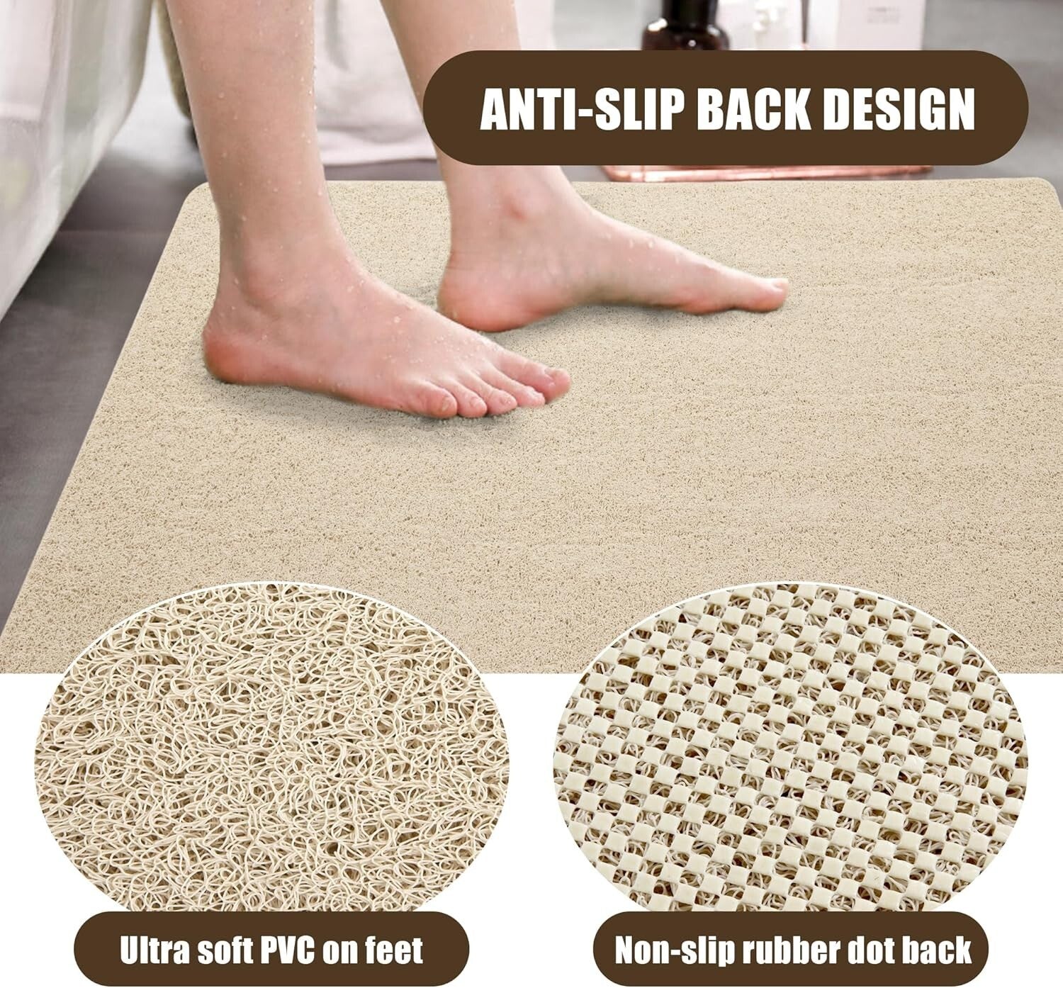 Safety First: 47'' x 32'' Exfoliating Non-Slip Shower Mat - Khaki PVC Design
