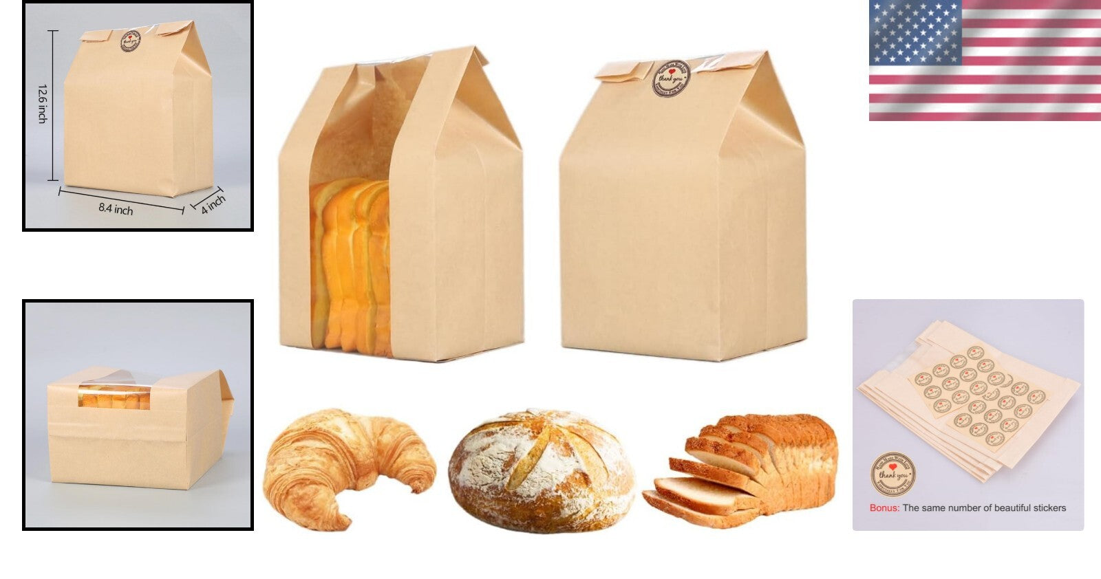200-Pack Large Kraft Paper Bakery Bags with Window for Stylish Bread Storage