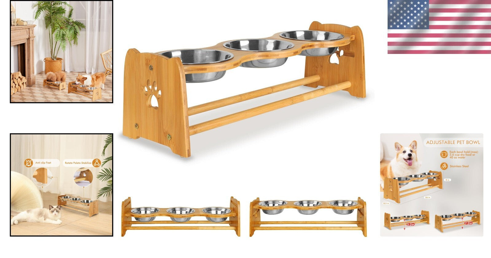 Stylish Elevated Dog Feeder with Anti-Slip Bamboo Base & Stainless Steel Bowls