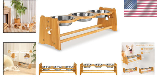 Stylish Elevated Dog Feeder with Anti-Slip Bamboo Base & Stainless Steel Bowls